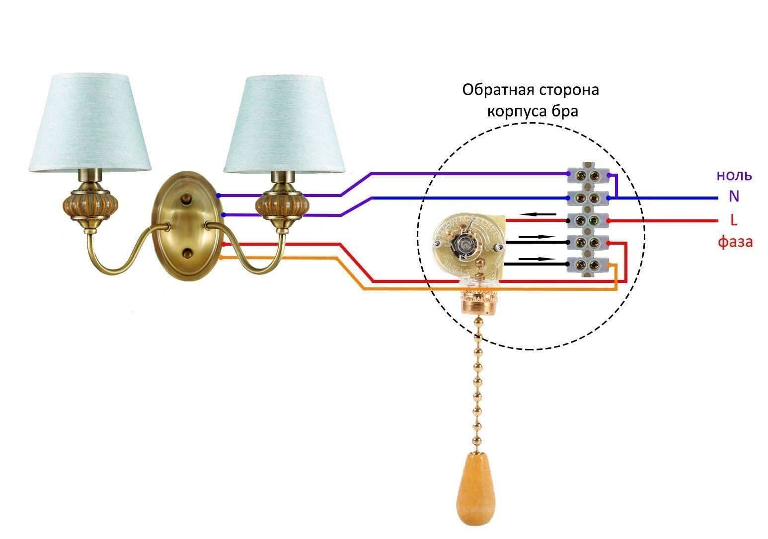 Схема подключения бра с выключателем-шнурком одной лампой