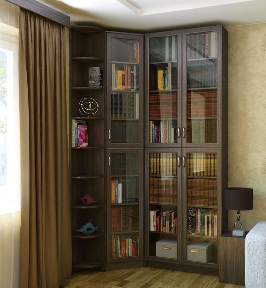 Угловой книжный шкаф со стеклянными дверцами